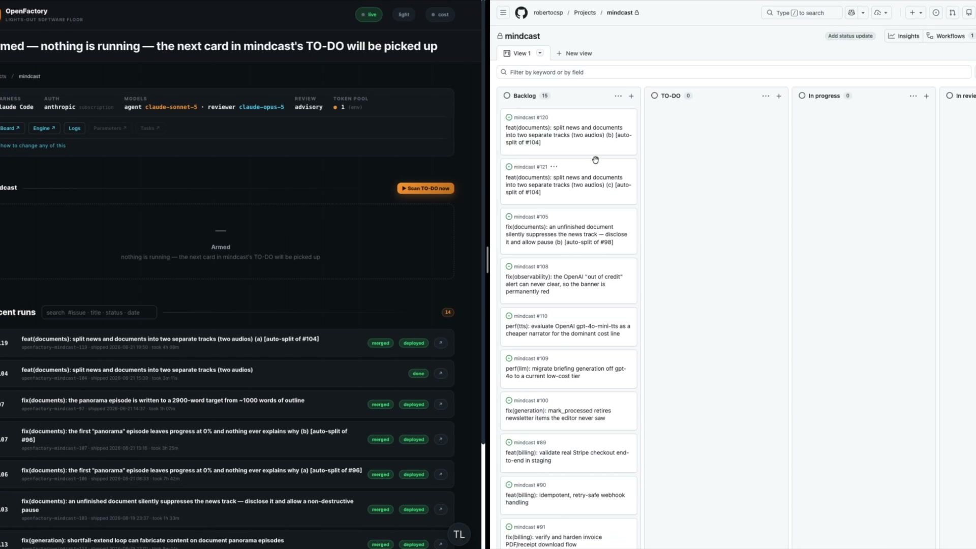 OpenFactory dashboard and pipeline board